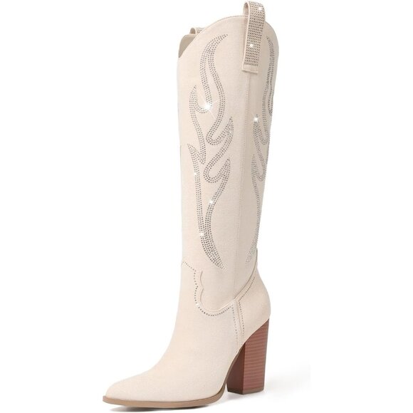 Women Suede Beige Rhinestones Embroidered Side Zip Pointed Toe Knee High Boots - Picture 6 of 6